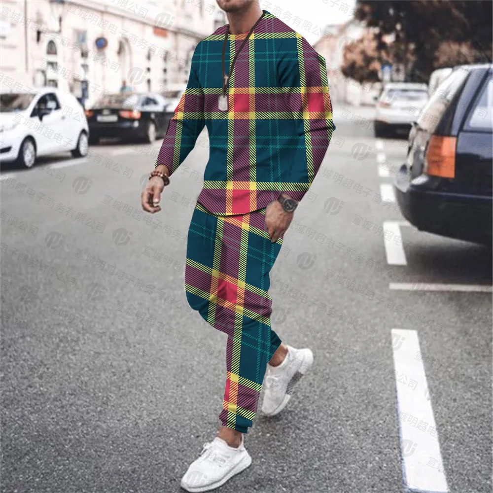 

Men's Autumn and Winter New Plaid 3D Printing Fashion Retro Sports Long Sleeve Fitness Pants Casual Jogging Suit Plus Size