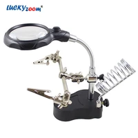2 led illuminated magnifier third hand table lamp magnifiying glass desktop jewelry loupe electronic repair soldering lupe