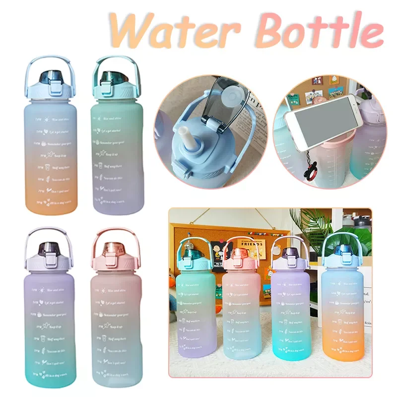 

2000ml Large-capacity Sports Water Bottle With Straw Noozle with Time Marker Leak-proof Frosted Cup Gym Outdoor Fitness Drinking