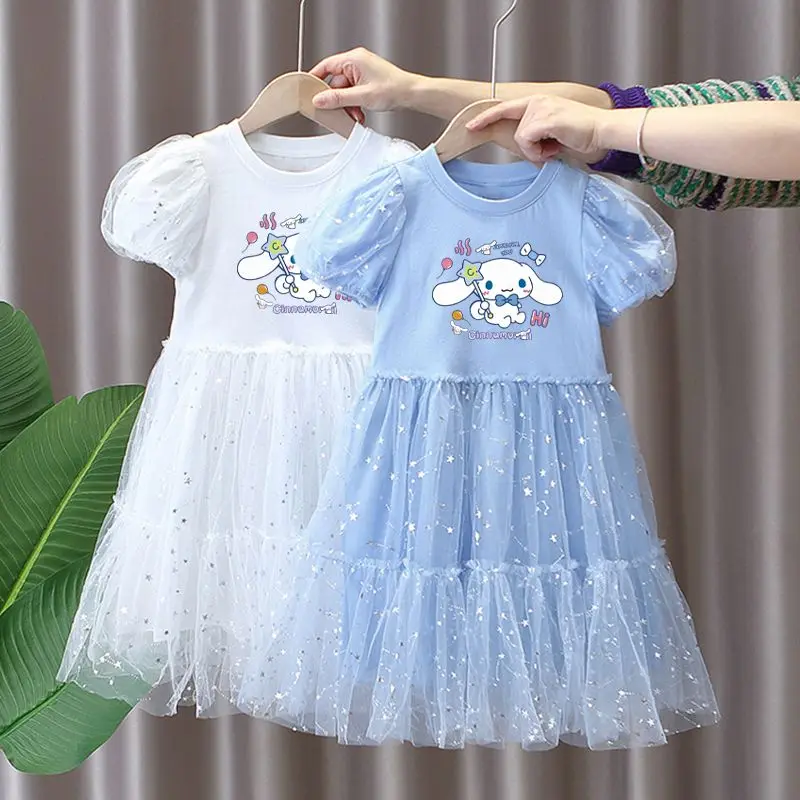 

Милое Аниме мультяшное милое Сетчатое платье Sanrio с короткими рукавами для девочек Новая летняя детская одежда Пышное Платье принцессы из пряжи