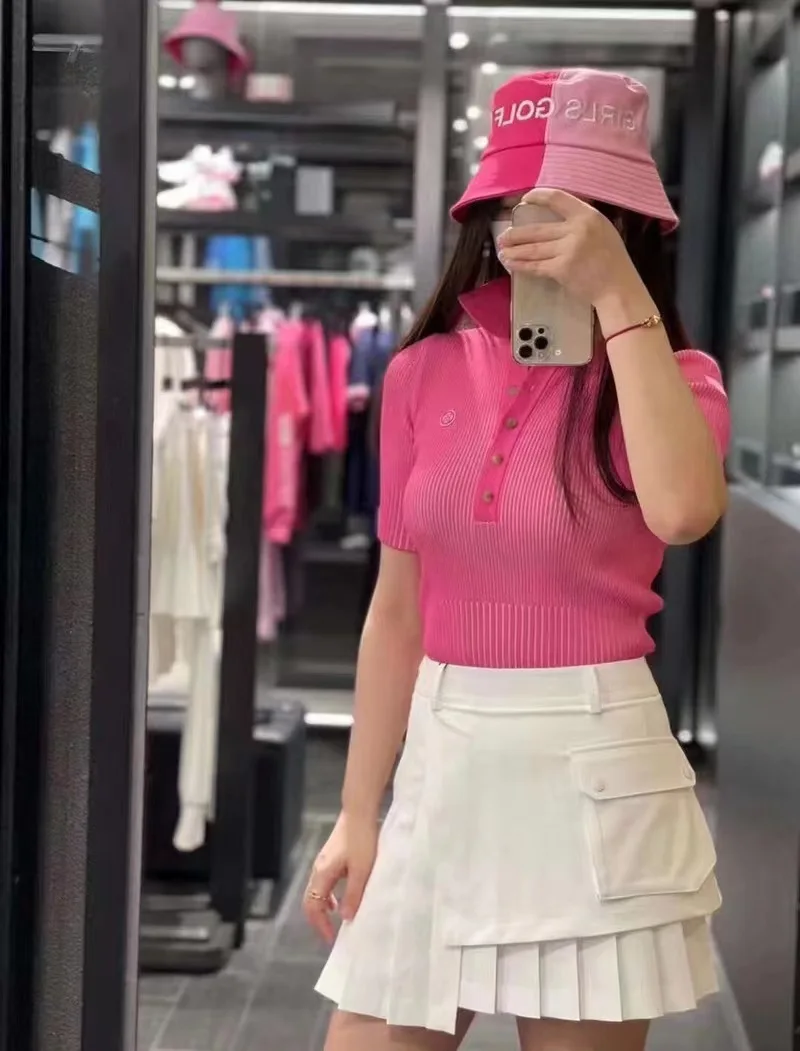 2023 Summer Women's Short Sleeve golf T-shirt Knitted Shirt Korean Version Elastic Breathable Ice Slim Comfortable Outdoorwear