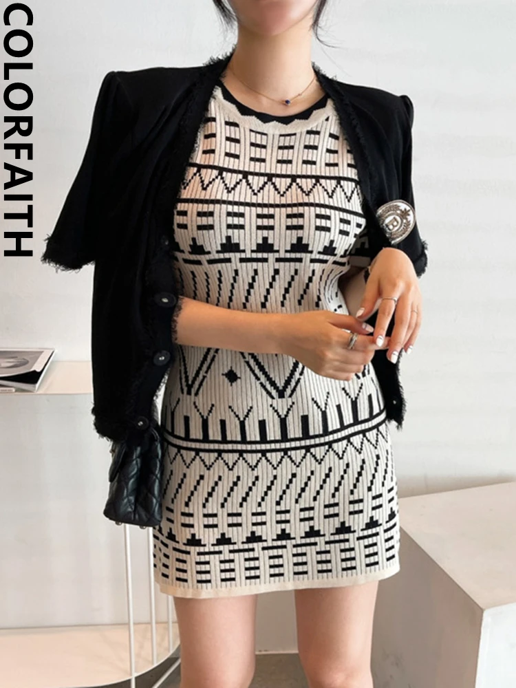 

Colorfaith Новинка 2022, шикарные вязаные корейские Модные Винтажные клетчатые элегантные женские летние мини-платья DR1967JM