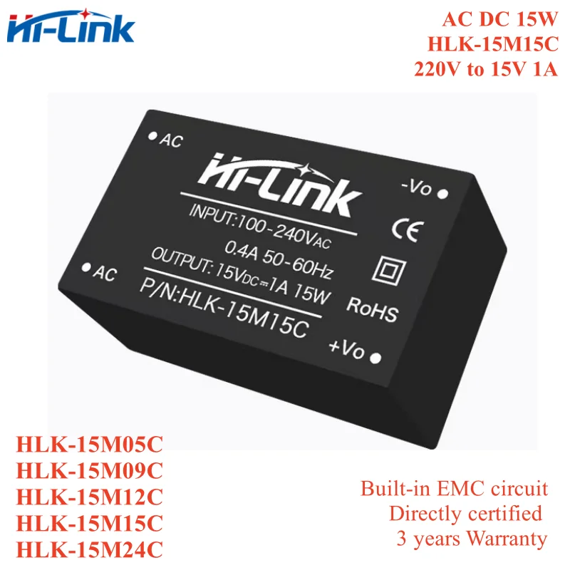 

Hi-Link HLK-15M05C 15M09C 15M12C 15M15C 15M24C 220 В до 5 В/9 В/12 В/15 В/24 В переменного тока постоянного тока 15 В изолированный понижающий модуль питания переключатель