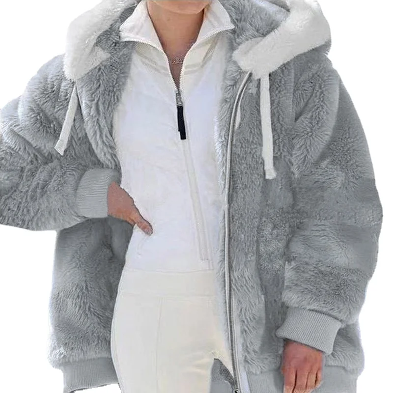 

Sweatshirts Women Warm Plush Jackets Autumn Winter Faux Fur Patchwork Oversize Zipper Outwear Ladies Elegant Loose Hooded Coat