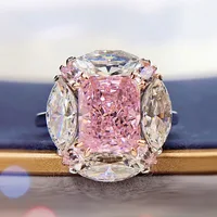 Engagement Gift Ring S925 Silver High Carbon Pink Created Diamond 8x10mm Radiant Cut Women Lady Female Rings