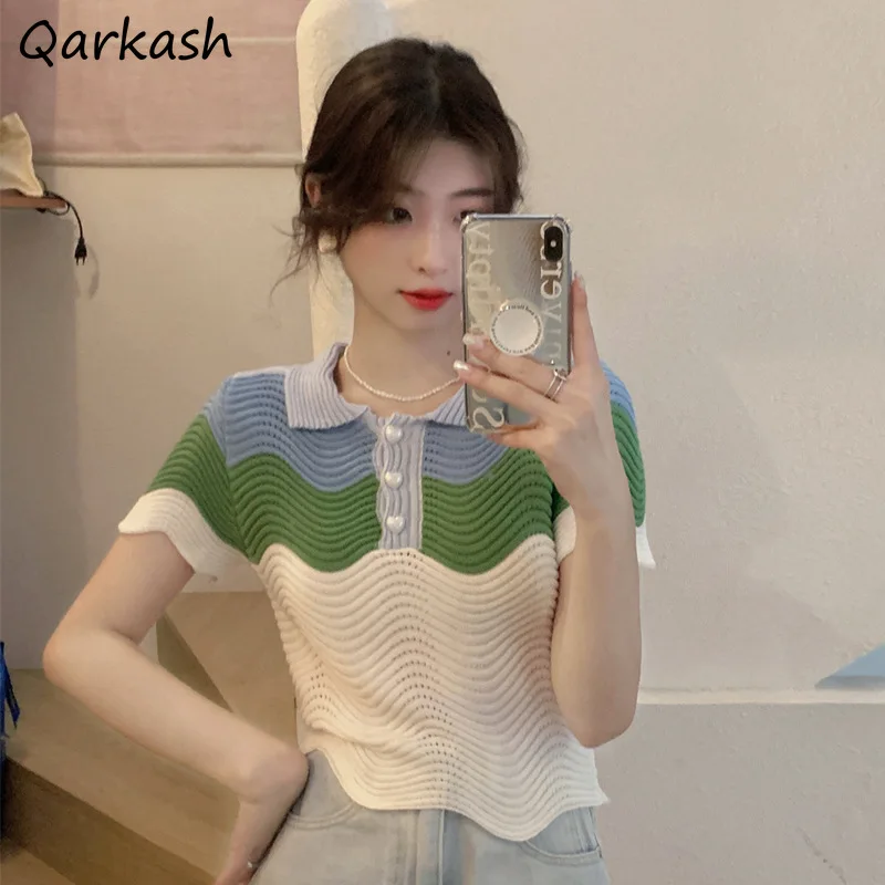 

Knitted Short Sleeve T-shirts Women Summer Striped Crop Tops Preppy Fashion Korean New Arrival Females College Sweet Lovely Chic