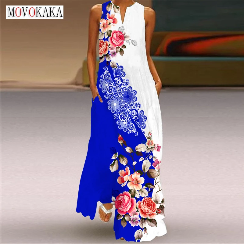 

MOVOKAKA Summer Dresses Women Party Beach Sleeveless Vintage Casual Long Dress Woman Flower Printed Blue Elegant Dress For Women