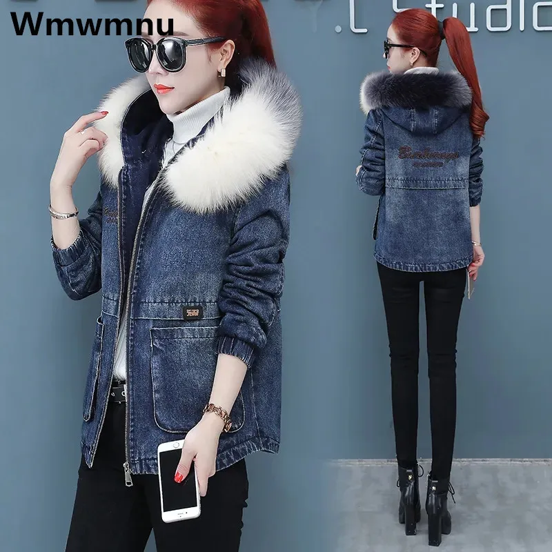 

Plus Velvet Womens Denim Jackets Warm Faux Fur Collar Vaqueras Coats Oversized Moms Thicken Vintage Jeans Plush Lined Outerwears