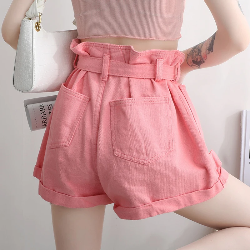 Female Casual Sweet Summer Short Jeans Women's Denim Shorts Classic Vintage High Waist Pink White Wide Leg Bandage Lady Clothing