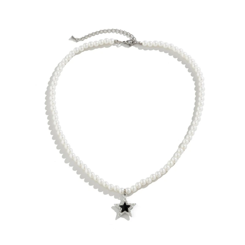 

E0BF Delicate Star Pendant Choker Necklace Pearl Bead Unique Clavicle Chain Necklace
