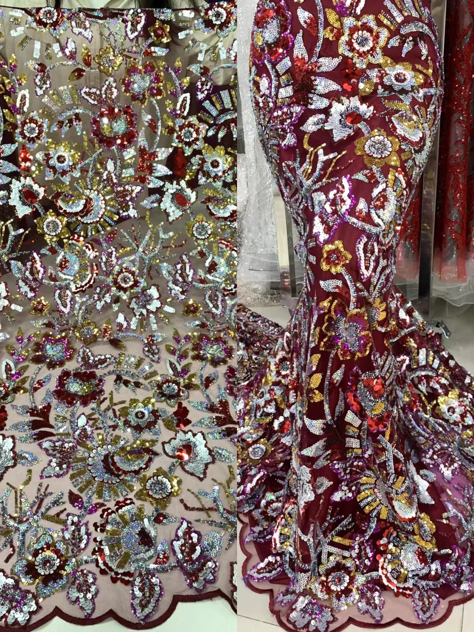 

Luxury African Sequins Beaded Lace Fabric 2023 High Quality Lace 5 Yards French Lace Fabric Nigerian Lace Fabrics For Dress Sew
