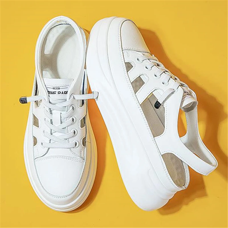 

Women Platform Sandals Genuine Leather Comfy Flats Comfortable Ladies Casual Shoes White Sneakers Hollow Out Female Sandals