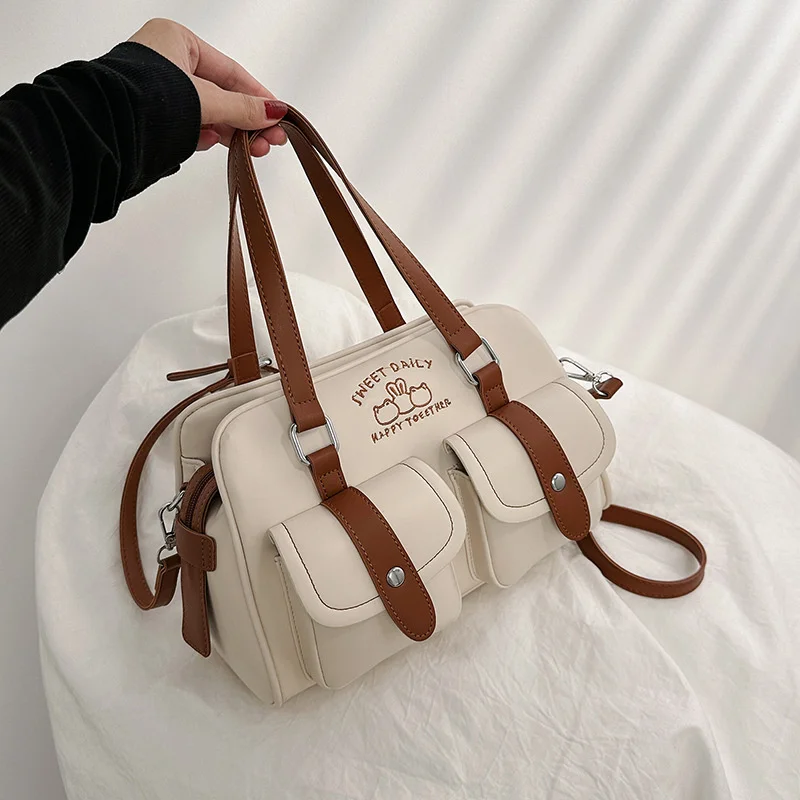 

Vintage Leather Handbags for Women Large Capacity Bowling Shoulder Bag Fashion Contrast Color Original Female Shopper Bag