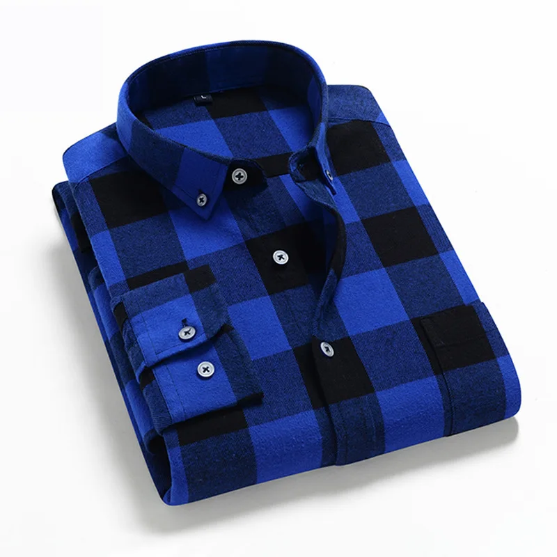 

Black and White Plaid Flannel Shirts for Men Fashion Classic Long Sleeve 100% Cotton Shirt Business Casual Quality Clothes Homme