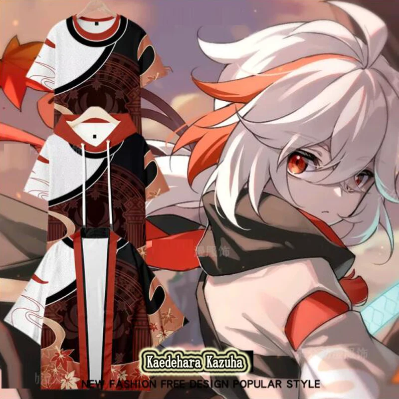 Anime Genshin Impact 3D Print Oversized T Shirt Kaedehara Kazuha Cosplay Short Sleeve Hooded T-shirt Casual Loose Pullover Tops