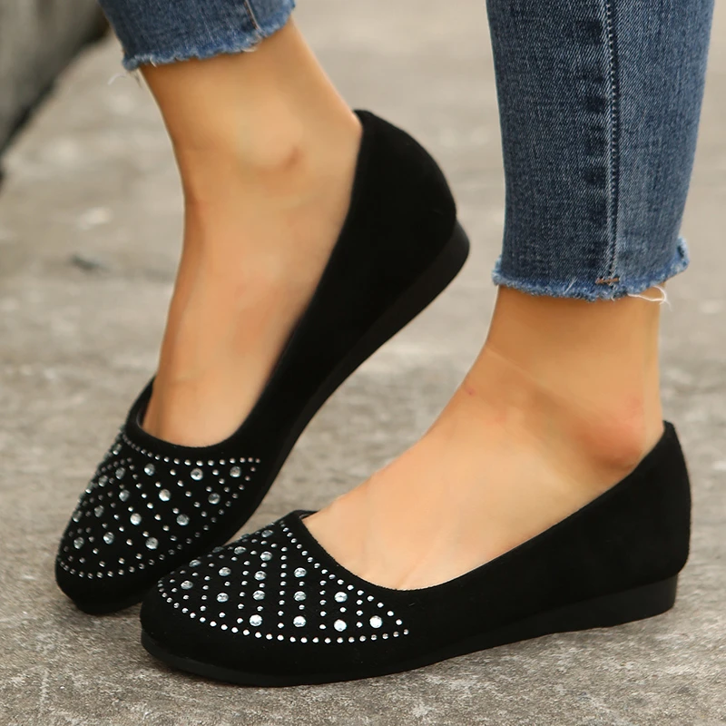 

Women Casual Flat Shoes Spring Autumn Flat Loafer Comfort Women Shoes Slips Soft Round Toe Rhinestone Flats Shoes Plus Size