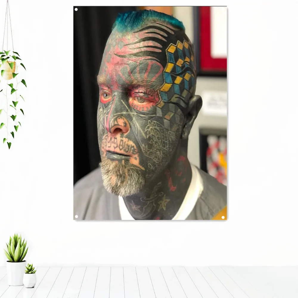 

Man With Colorful Full Face Tattoo Art Poster Tapestry Beautiful Monster Tattoo Studio Decor Painting Banner Wall Hanging Flag