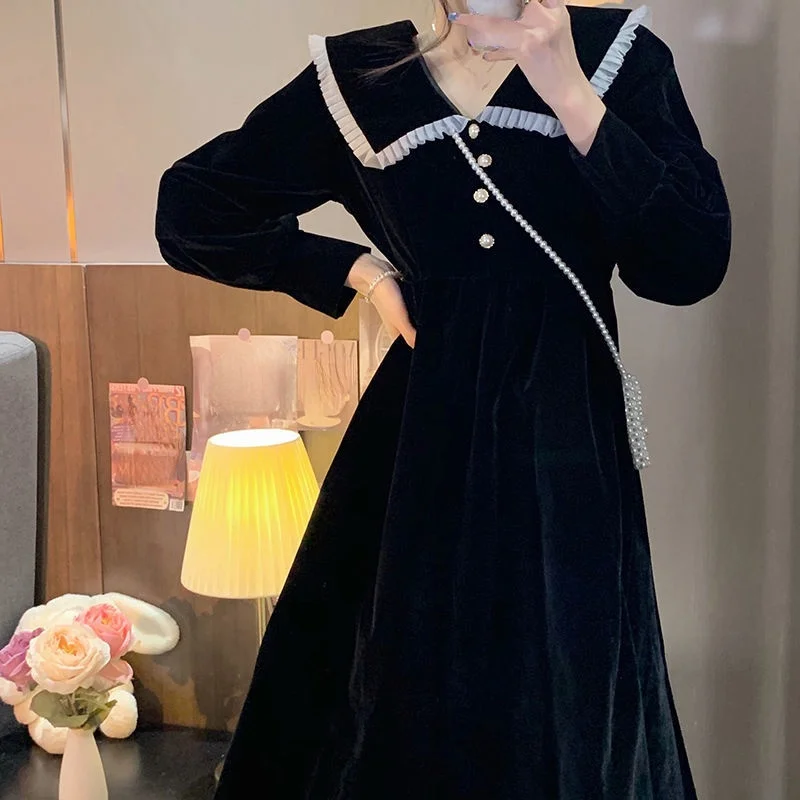 

Velvet idi Dress Woen Party Kawaii One Piece Dress Fashion Long Sleeve Black Vintage Dress Lady Winter