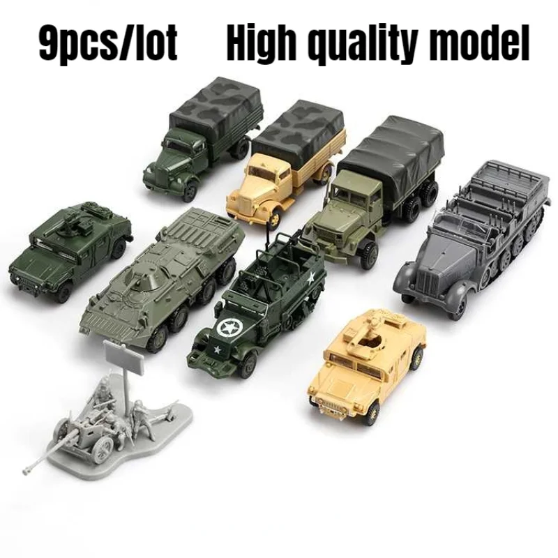 

9pcs/lot 1:72 4D Plastic Assemble Tank Kits Armored Car Model Antitank Gun Truck Military Sand Table World War II Toys Kids Gift
