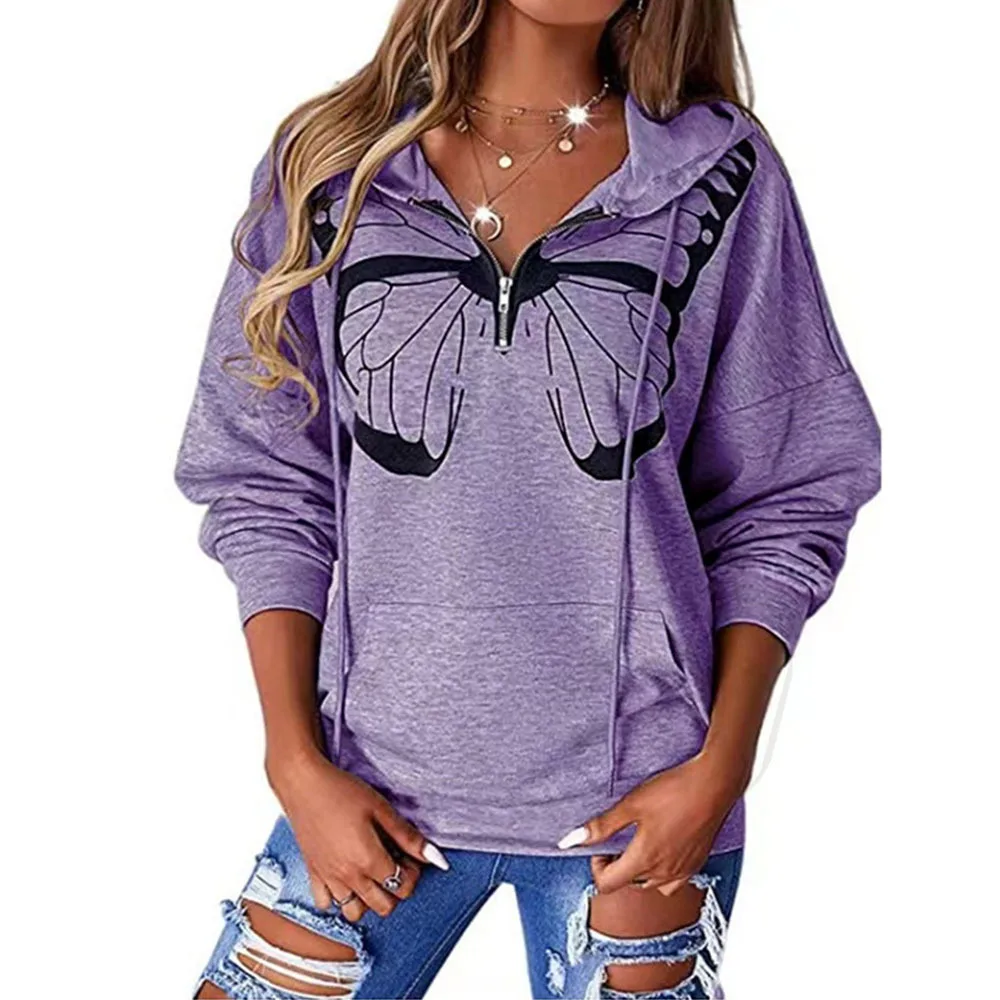 

Butterfly casual hooded long sleeved zipper pullover printed women's sweater