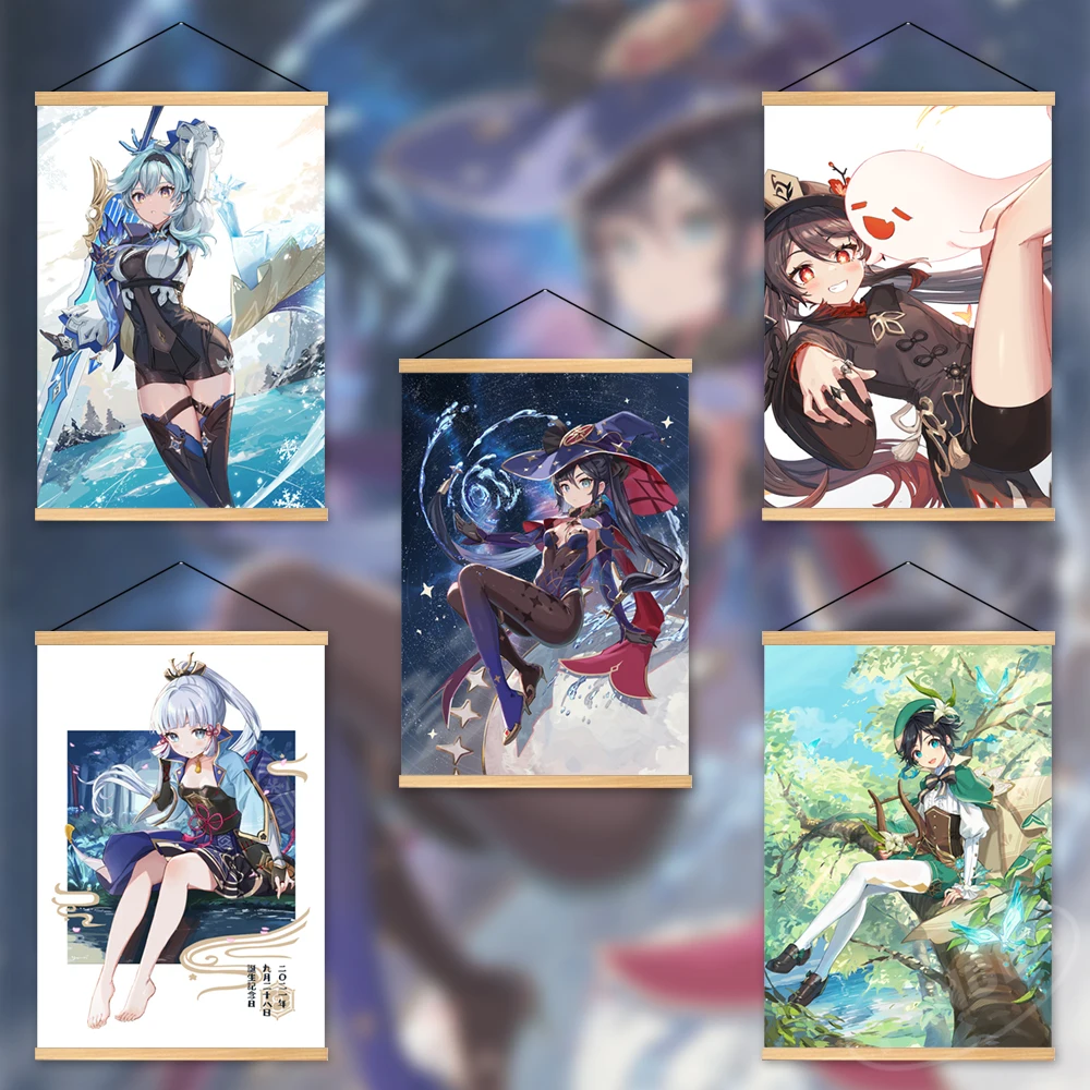 

Home Decor Genshin Impact Hanging Hu Tao Poster Eula Canvas Wall Art Kamisato Ayaka Printed Barbatos Painting Wooden Living Room