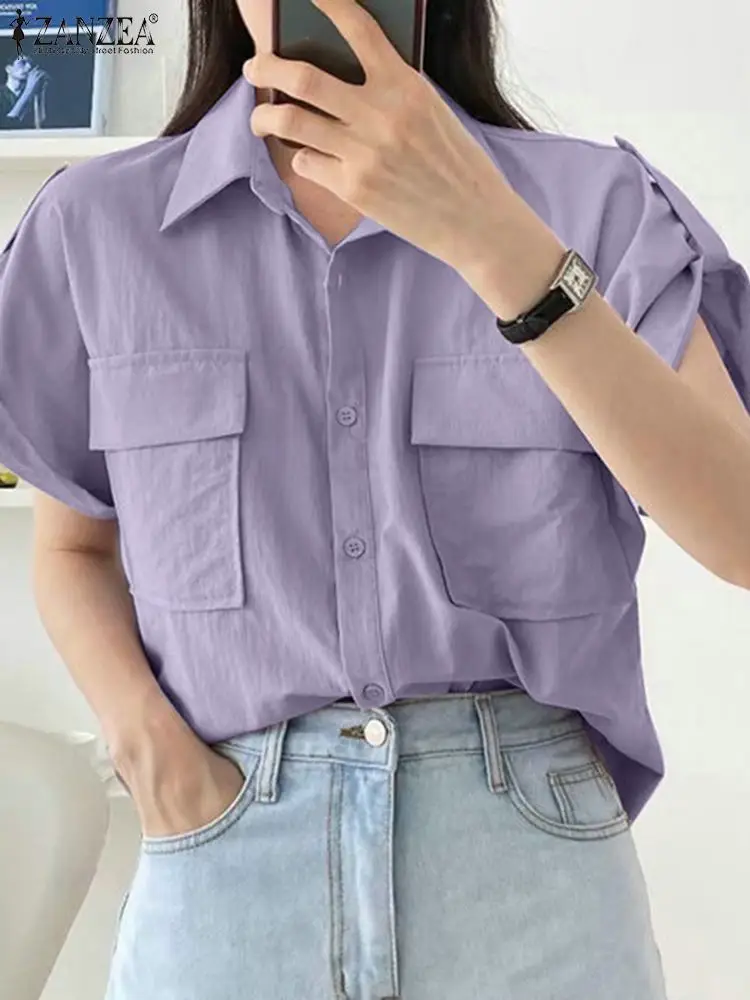 

Топ ZANZEA женский офисный с коротким рукавом, модная уличная одежда, рубашка оверсайз с воротником с лацканами, лето 2022