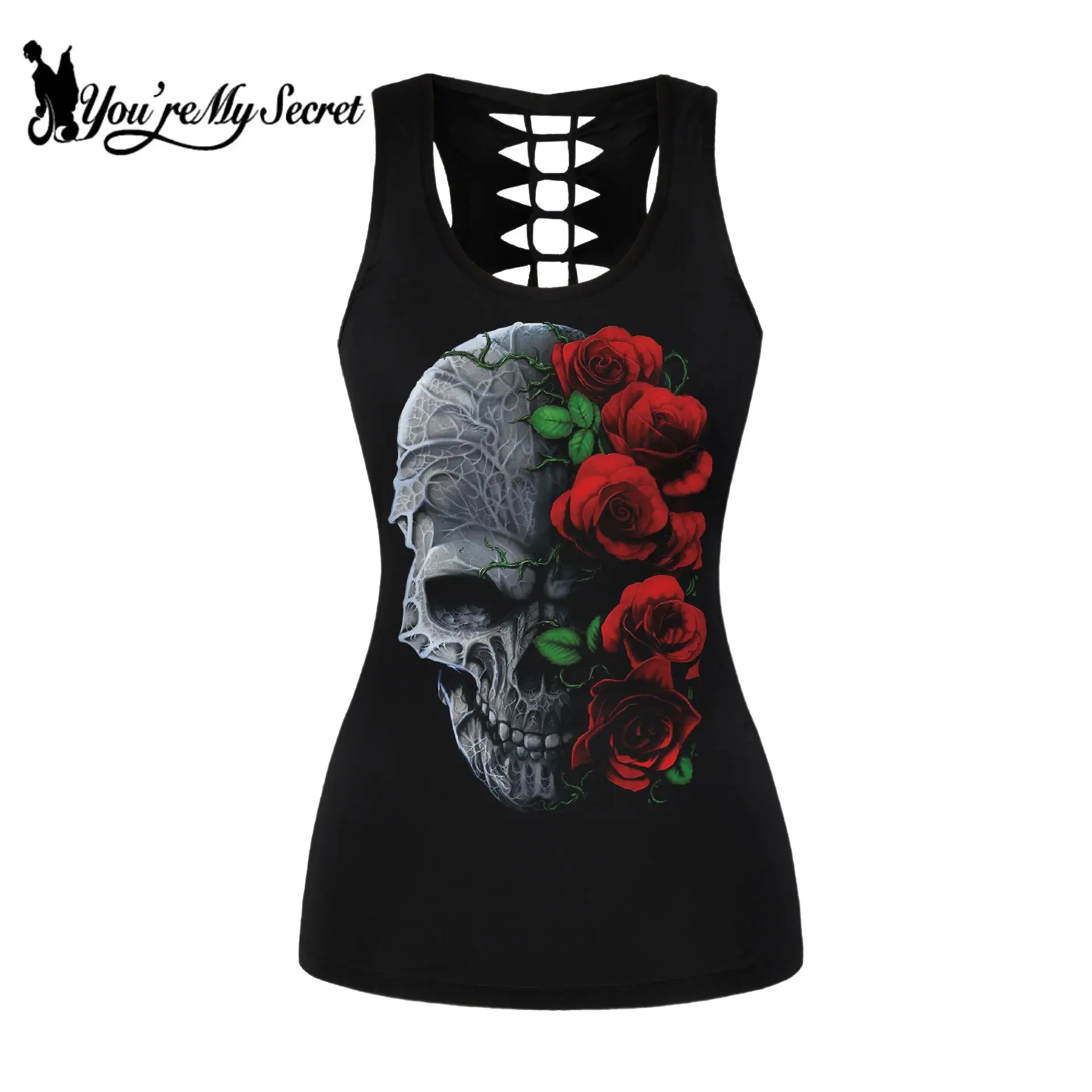 Женский топ без рукавов [You Are My Secret] черный в готическом стиле с вырезами розовым