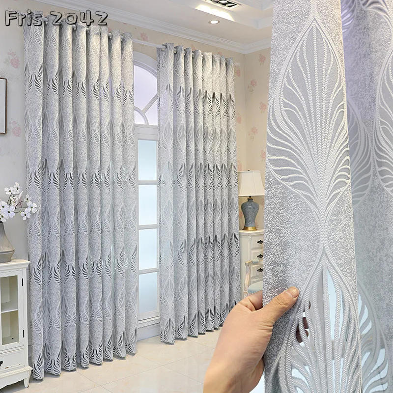 

Window Tulle for Living Room Bedroom Light-transmitting Curtains Gray Simple Modern Leaf Gauze Semi-shading Yarn White Leaf