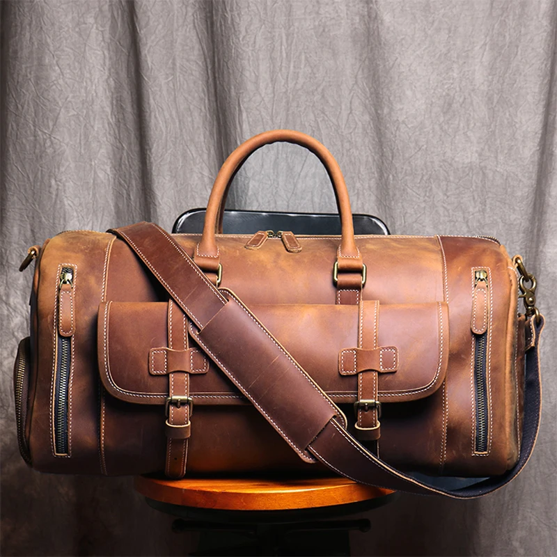 Vintage Crazy Horse Genuine Leather Travel bag Large Luggage Bag Leather Duffle Bag Carry On Weekend Bag tote Handbag Clothes