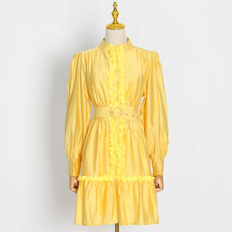 

Женское свободное платье с оборками, с воротником-стойкой и рукавами-фонариками