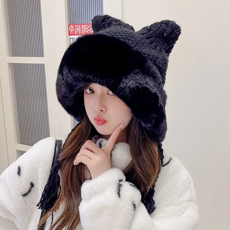 

New Women's Hat Sweet Cute Plus Down To Keep Warm Outdoor Cold Cover Head Cap Twist Braid Autumn and Winter Hats