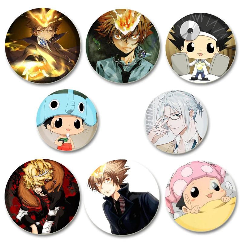 Anime Katekyo Hitman Reborn! Cute Cartoon Round Brooch Handmade Tinplate Brooches for Backpack Jewelry Accessories Gifts
