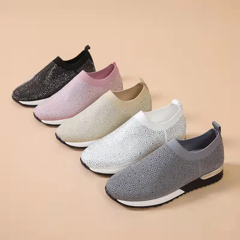 

Rhinestone Mesh Sneakers Women Lightweight Breathable Casual Shoes New Fashion White Wedges Slip-on Loafers Platform Shoes Women