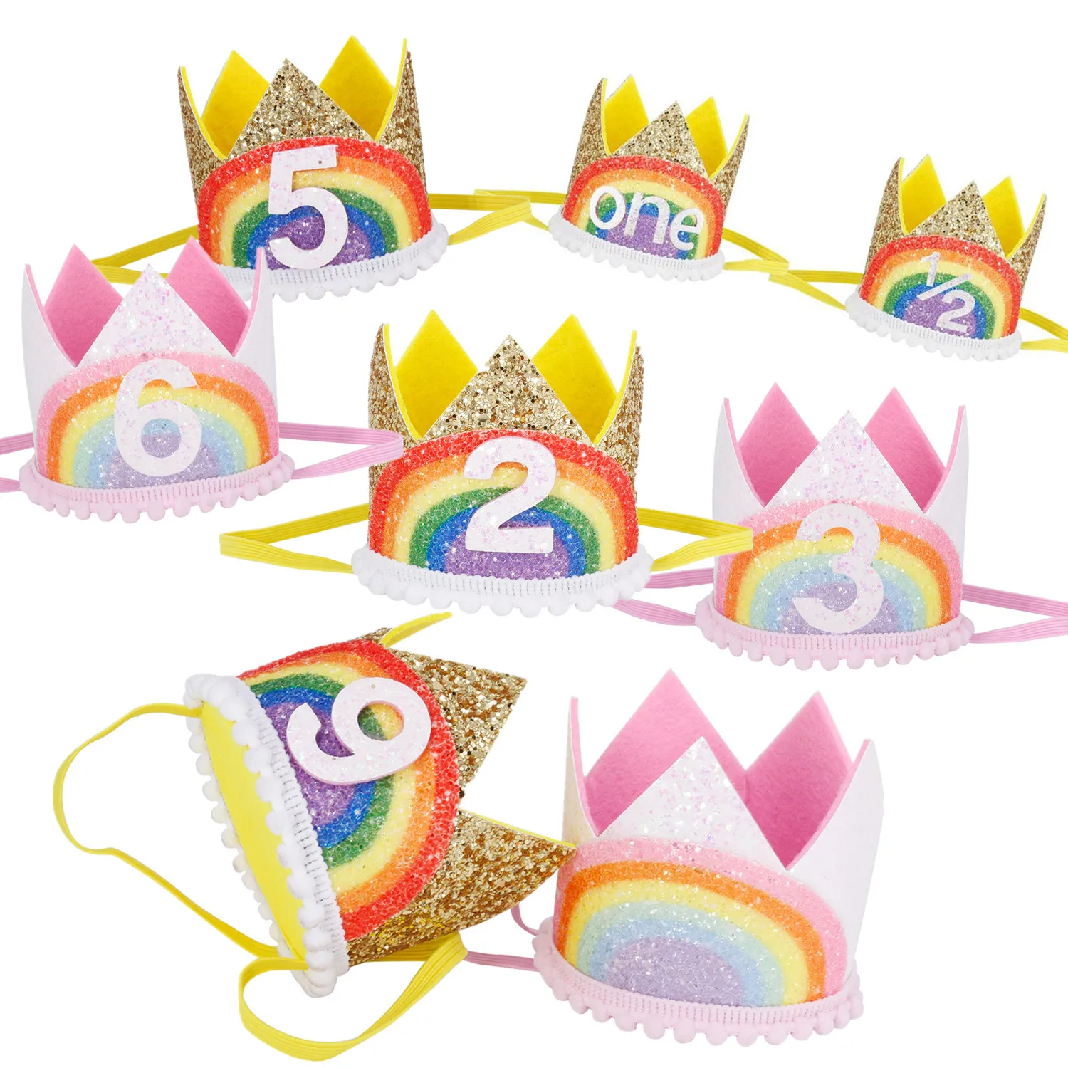 

0-9 Rainbow Birthday Crown Party Hats Boy Girl Kids One Year Princess Crown Headband Baby Shower 1st Birthday Decor Party Supply