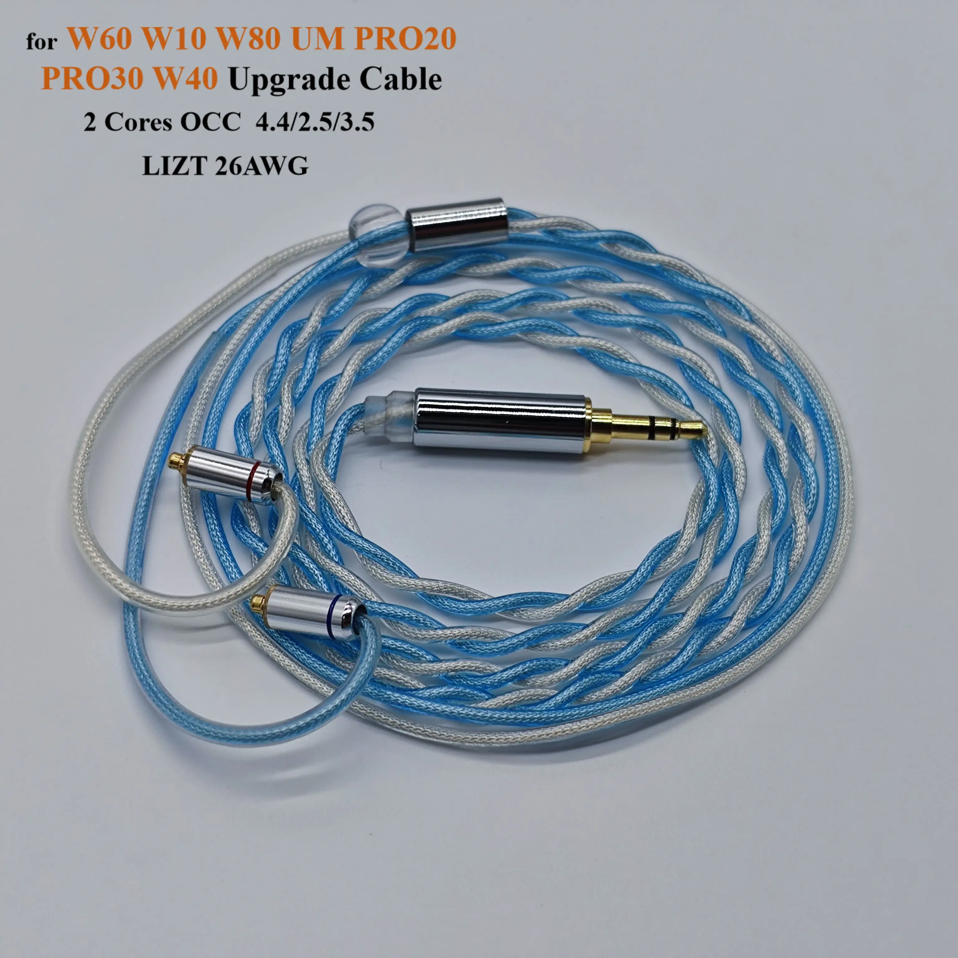 Фото 2 ядра W60 W10 W80 UM PRO20 PRO30 W40 кабель высокой чистоты обновленный OCC серебряный кабель наушники 4,4 баланс 3,5 2,5 LIZT 26AWG №1