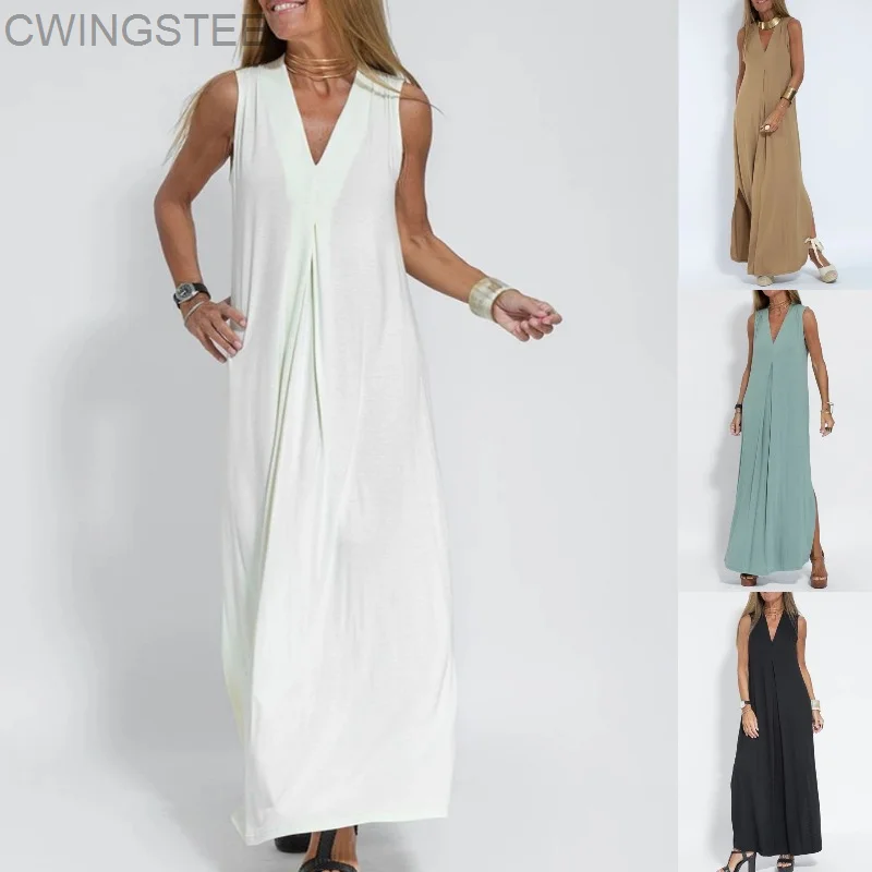 

Elegant Side Split Party Dress Women Casual Pleated Solid V-Neck Robe 2023 Summer Fashion Sleeveless Long Office Lady Dresses