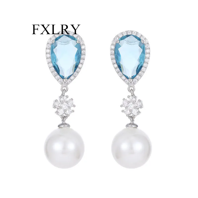 

FXLRY New Fashion S925 Silver Needle Super Flash Water Drop Zircon Inlaid Pearl Earrings For Women Party Jewelry