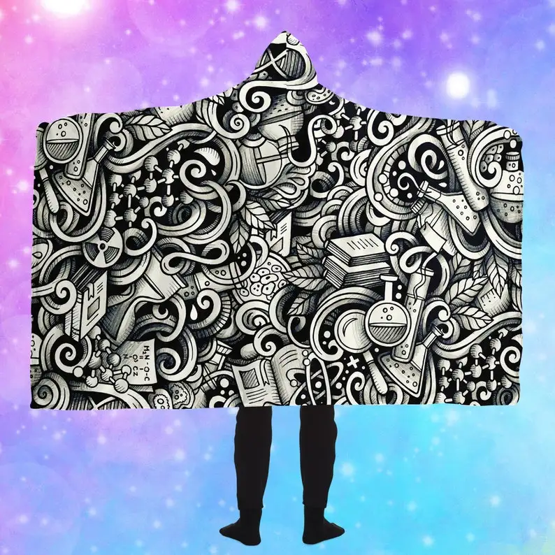 

Science Doodles Hooded Blanket // Artsy Black and White Throw // Stylish Hoody Blanket // Dreamy Fantasy Home Wear // Scientific
