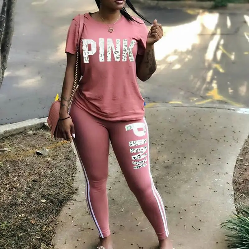 

New 2022 Spring Summer Women Tracksuit Set Femme Pink Print Casual Trousers Top + Pants Jogger Suit 2 Piece Sets Sport Wear