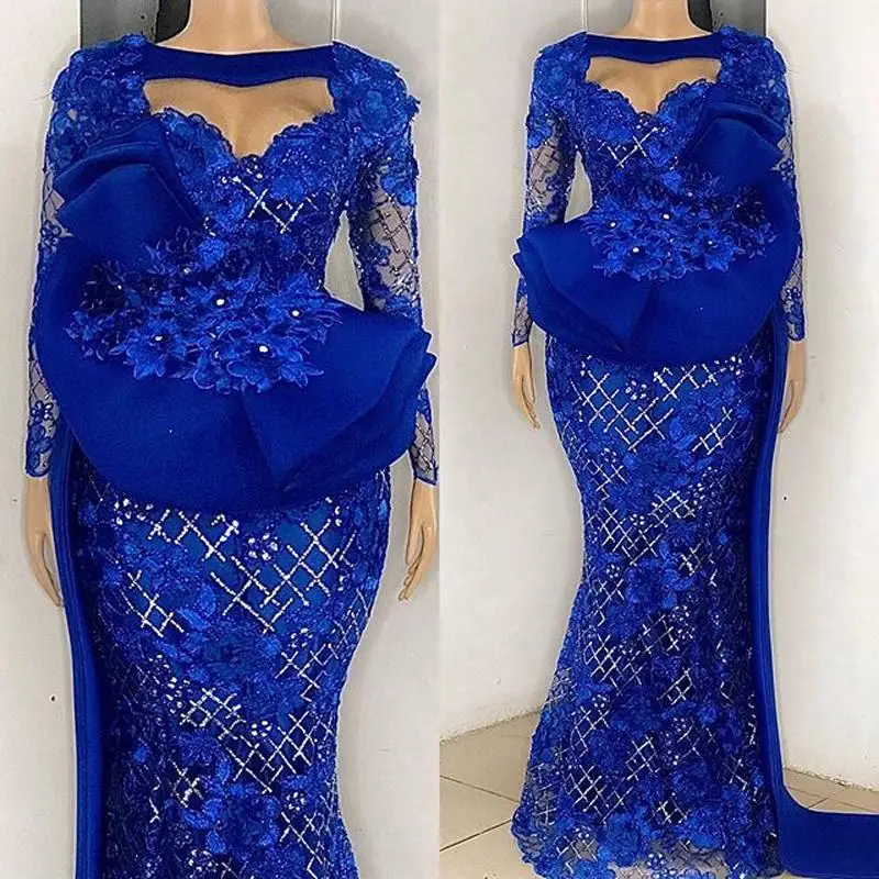 

Plus Size Arabic Aso Ebi Blue Mermaid Luxurious Prom Dresses Lace Long Sleeves Evening Formal Party Second Reception Gowns Dress