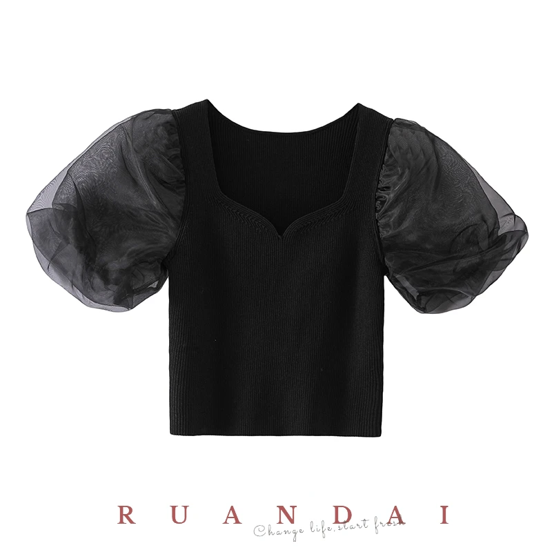 Black Short-sleeved Top for RUANDAI 2022 Summer New Puff Sleeves Square Neck Pullover Short Knitted Sweater Women
