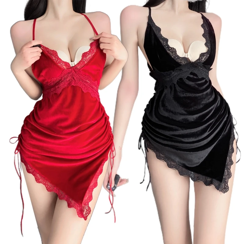 

Fashion Lace Nightdress V-neck Temptation Sleeping Dress Exotic Apparel Dress Sexy Velvet Nightgown Gift for Wife Women