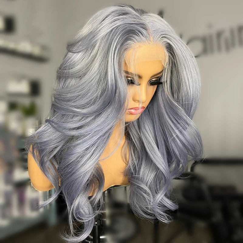 Long Soft Grey Ash Blonde Transparent 13x4 Lace Front Wig For Black Women Mixed Human Hair Body Wave Pre Plucked With Baby Hair