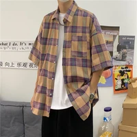 summer short sleeve shirts mens fashion retro pocket casual shirts mens japanese streetwear loose plaid shirts men s 2xl