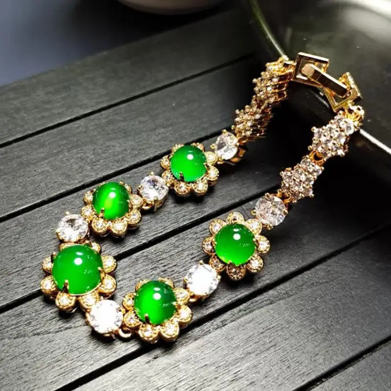 

Women Genuine Jade Bracelet With Diamonds Green Chalcedony Luxury Bracelets Certified Jades Stone Accessories Jewellery For Girl