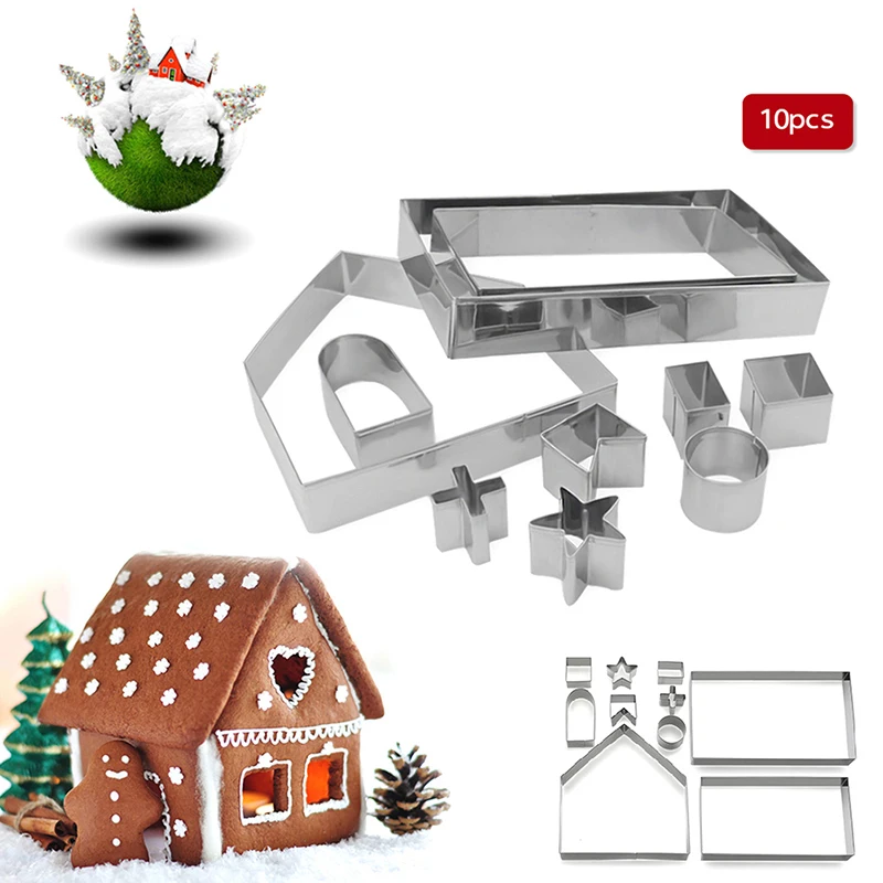 

10pcs/Set 3D Gingerbread House Cookie Cutters Stainless Steel Christmas Biscuit Mold Easter Fondant Confectionery Bake Tools