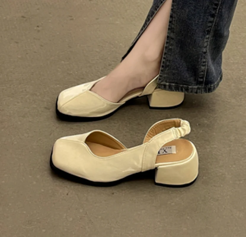 

Low Sandals Woman Leather Shoes Lady 2022 New Suit Female Beige Summer Heels Low-heeled Retro New Comfort Black Closed Fashion