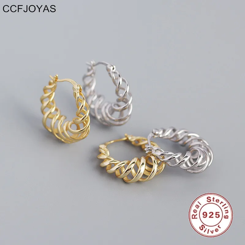 

CCFJOYAS European and American Hip Hop Earrings 925 Silver INS Exaggerated Geometric Spring Type Hollow Twist Hoop Earrings