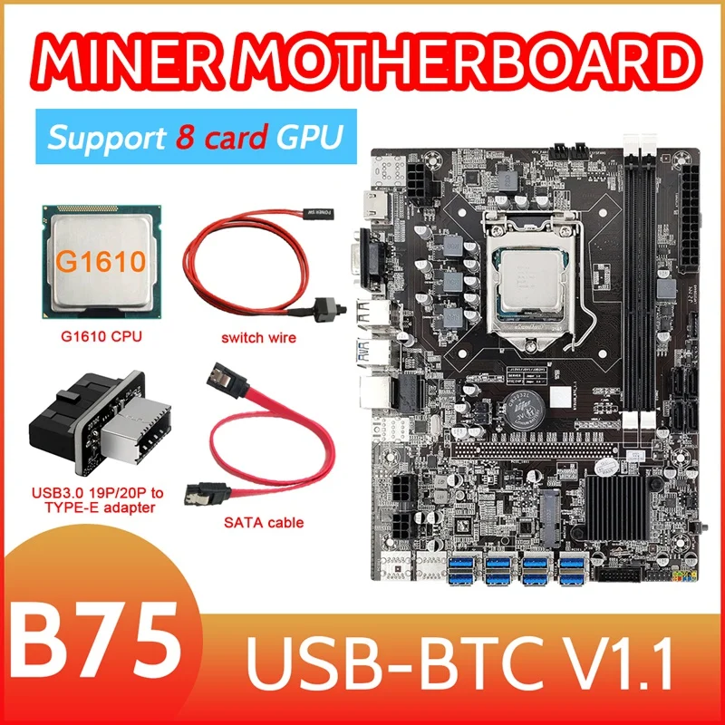 

Материнская плата B75 8 карт для майнинга BTC + ЦП G1610 + адаптер USB 3,0 + кабель SATA + кабель переключателя 8X USB 3,0 слот LGA1155 DDR3 ОЗУ MSATA