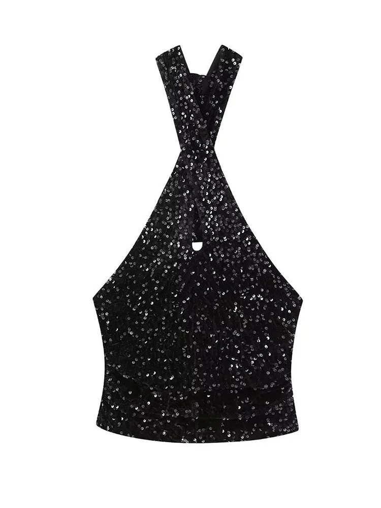 

Sexy Black Sequnied Cross Halter Tops Women Sleeveless Backless Crop Tops